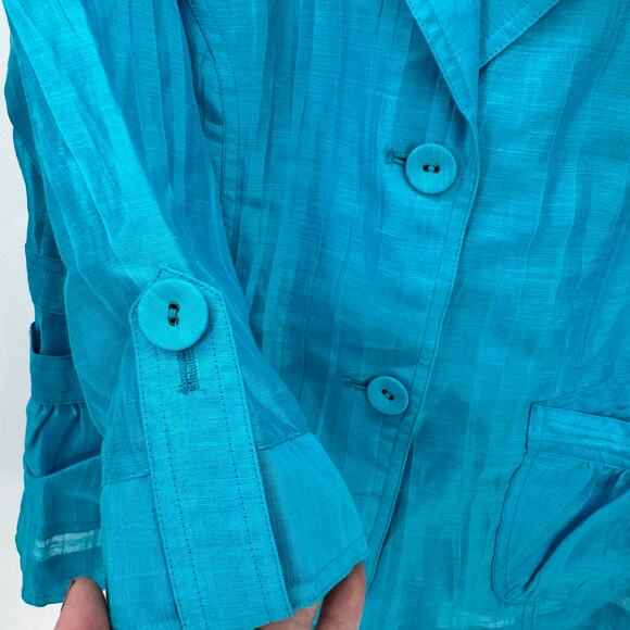 Chico's Blazer Womens Medium Maui Blue Linen Blend Semi Sheer 3/4 Sleeve NEW - Picture 5 of 9